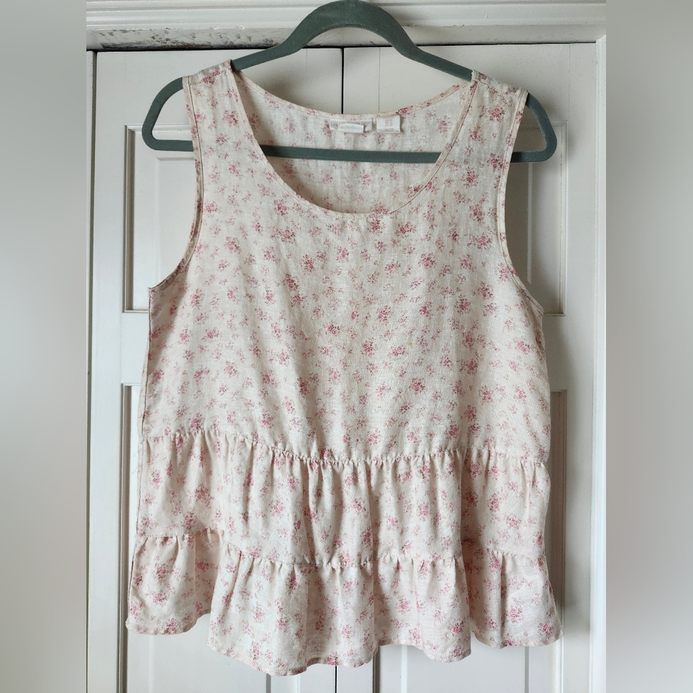 Shabby Chic 100% Linen Pink Floral Sleeveless Peplum Blouse